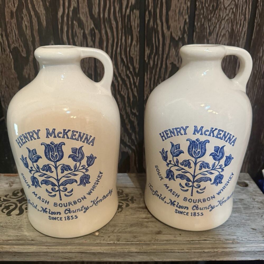 2 Vintage Henry McKenna Bourbon Pottery Jug Half Gallon 1972 Crock Lamp Ready!